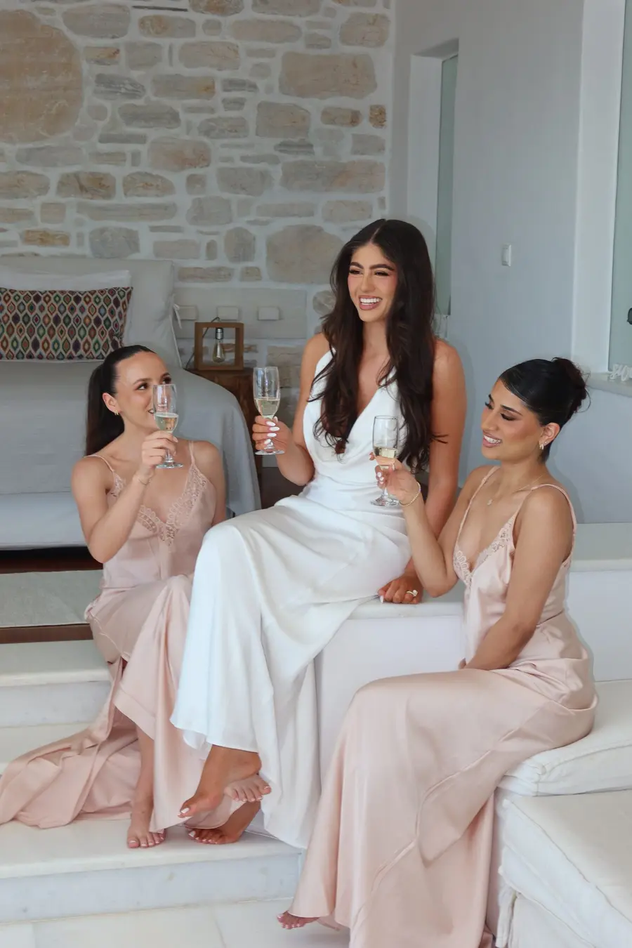 champagne with the bridesmaids, paros, greece